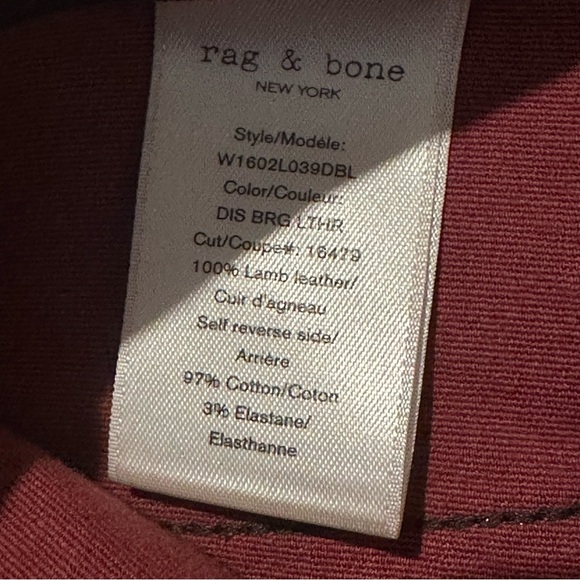 (Sold)RAG & BONE "THE LEATHER SKINNY" W1602L038DBL Women Size 26 WASHED BURGUNDY - Picture 8 of 12